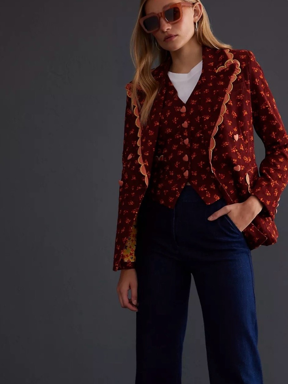 Celia B Women's Floral Scallop-Trim Blazer & Vest in Burgundy